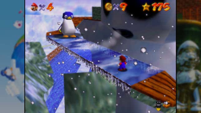 Mario faces down a giant penguin atop an icy road.