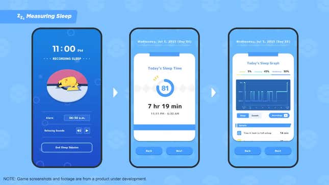 A screenshot shows a UX flow of the Pokemon sleep app, with time and sleep data on display.