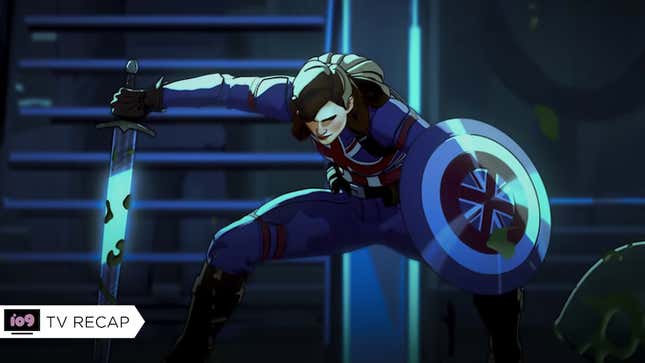 Captain Peggy Carter falling into a classic hero landing with her bloodied sword and UK flag shield.