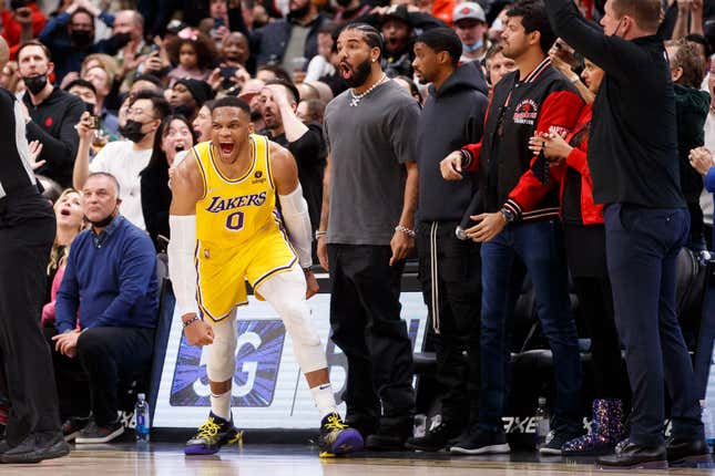 TORONTO, ON - MARCH 18: Russell Westbrook #0 of the Los Angeles Lakers celebrates a game-tying basket to send the game into overtime during the second half of their NBA game against the Toronto Raptors at Scotiabank Arena on March 18, 2022, in Toronto, Canada.
