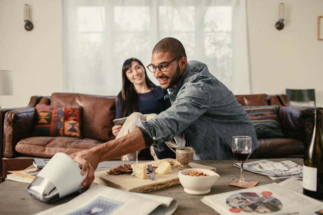 The turning gesture essentially lets the speaker function as its own remote control.