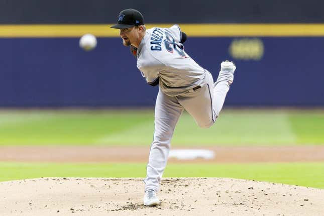 Sep 13, 2023; Milwaukee, Wisconsin, USA; Miami Marlins pitcher Braxton Garrett (29) throws a pitch during the first inning against the Milwaukee Brewers at American Family Field.