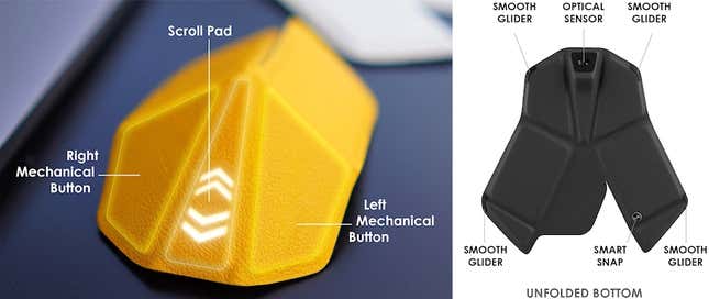Two technical illustrations outlining the parts and components of the Air.0 mouse.