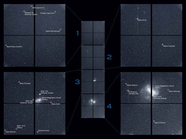 The Transiting Exoplanet Survey Satellite (TESS) captured this strip of stars and galaxies in the southern sky during one 30-minute period on Tuesday, Aug. 7. Created by combining the view from all four of its cameras, this is TESS’s “first light,” from the first observing sector that will be used for identifying planets around other stars. Notable features in this swath of the southern sky include the Large and Small Magellanic Clouds and a globular cluster called NGC 104, also known as 47 Tucanae. The brightest stars in the image, Beta Gruis and R Doradus, saturated an entire column of camera detector pixels on the satellite’s second and fourth cameras. Labeled