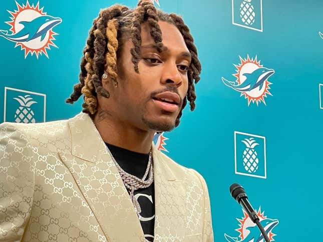 Dolphins cornerback Jalen Ramsey addresses reporters at the team facility Thursday.
Img 9675
