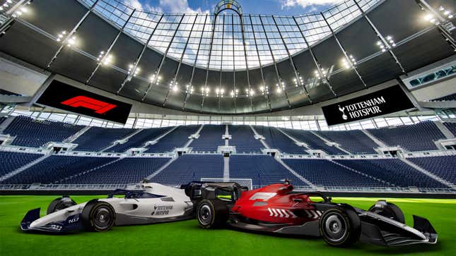 A render of two Formula 1 cars inside the Tottenham stadium. 
