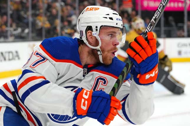 May 6, 2023; Las Vegas, Nevada, USA; Edmonton Oilers center Connor McDavid (97) celebrates after scoring a goal against the Vegas Golden Knights during the first period of game two of the second round of the 2023 Stanley Cup Playoffs at T-Mobile Arena.