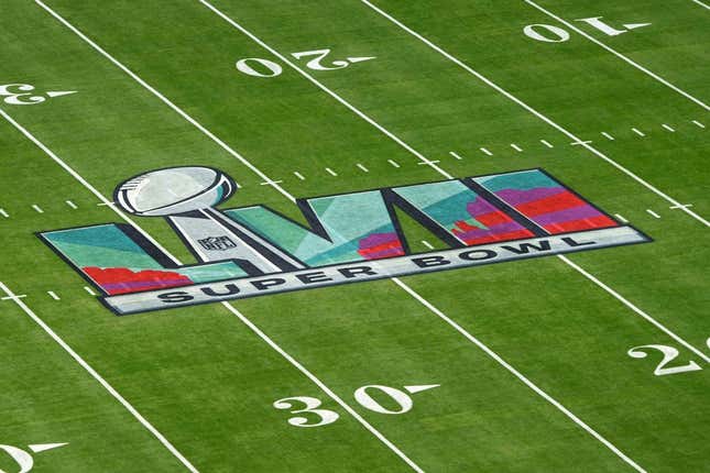 Feb 12, 2023; Glendale, Arizona, USA; The Super Bowl LVII logo on the field during Super Bowl 57 at State Farm Stadium. The Chiefs defeated the Eagles 38-35.