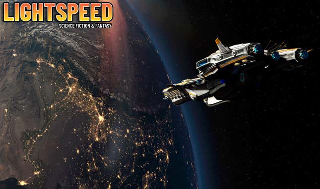 An illustration of a spaceship orbiting a planet