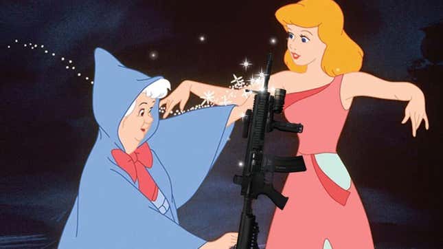 Cinderella's fairy godmother gives her a gun.