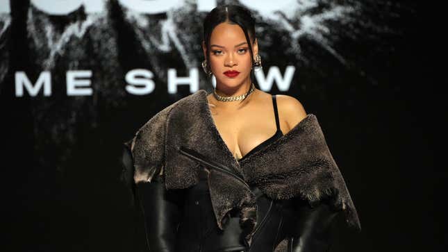 Rihanna speaks onstage during the press conference for Apple Music Super Bowl LVII Halftime Show on February 09, 2023 in Phoenix, Arizona.