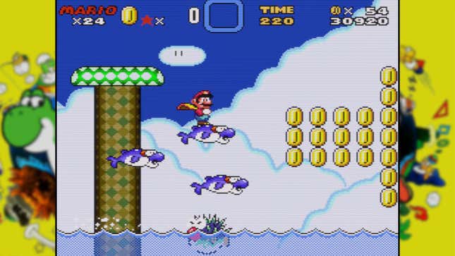 Mario rides some dolphins. 