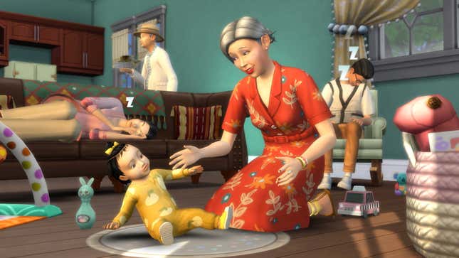 A screenshot from The Sims 4 shows an elder playing with an infant on the floor