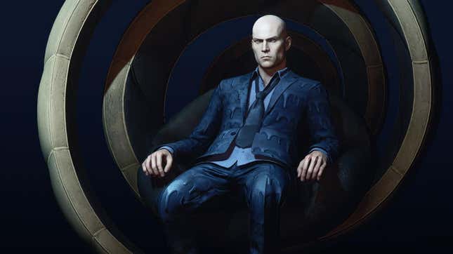 Agent 47 sits on an abstract chair preparing to ingest his earlier games. 