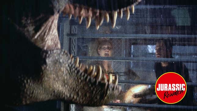A T-Rex roars and the actors scream.
