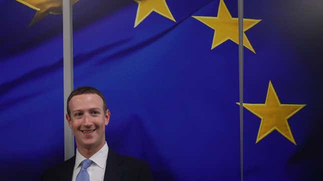 Mark Zuckerberg in front of the EU flag. 