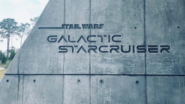 A photo of the grey Star Wars Galactic Starcruiser sign at Walt Disney World Resort.