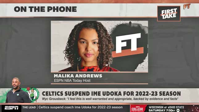 Malika Andrews called into First Take to talk to Stephen A. Smith about his comments