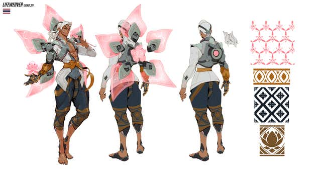 Character concept art for Lifeweaver shows him and various patterns used on his outfit.
