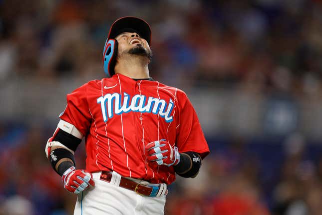 MIAMI, FLORIDA - SEPTEMBER 23: Luis Arraez #3 of the Miami Marlins reacts to hitting a pop fly during the fourth inning against the Milwaukee Brewers at loanDepot park on September 23, 2023 in Miami, Florida. (Photo by Carmen Mandato/Getty Images)