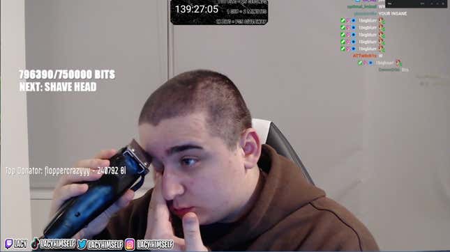 Fortnite streamer Lacy shaves his head and eyebrows on Twitch for a $2,500 donation.