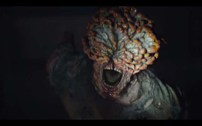 A clicker--an infected human whose face is mostly overgrown with fungal growth--screams at the camera in a moment from HBO's The Last of Us.