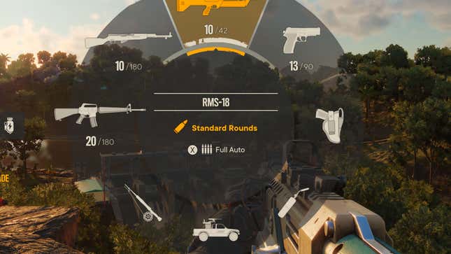 Dani selects an RMS-18 in Far Cry 6 from the weapon wheel.