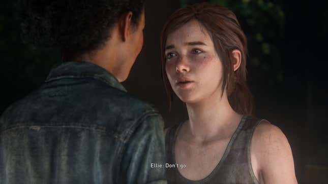 Ellie says "Don't go" to Riley in a moment from the game The Last of Us: Left Behind.