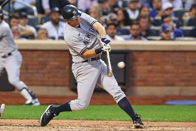 Jun 13, 2023; New York City, New York, USA; \New York Yankees third baseman DJ LeMahieu (26) hits a two run home run during the fourth inning against the New York Mets at Citi Field.