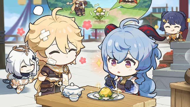 Aether and Paimon bringing Ganyu fried rice.