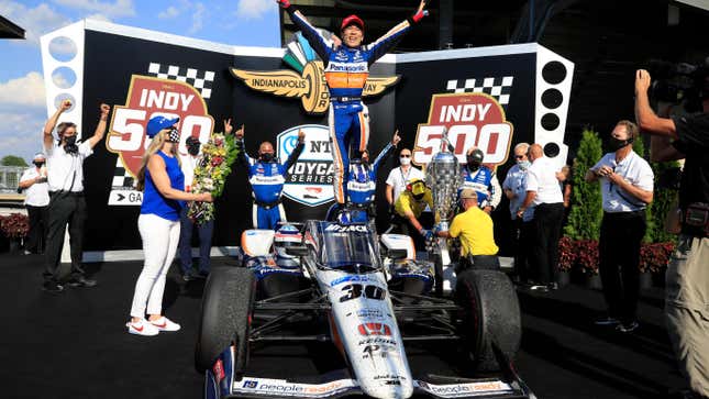  Takuma Sato, driver of the #30 Panasonic / PeopleReady Rahal Letterman Lanigan Racing Honda, celebrates in Victory Lane after winning the 104th running of the Indianapolis 500 at Indianapolis Motor Speedway on August 23, 2020 in Indianapolis, Indiana