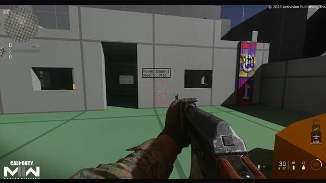 A Modern Warfare 2 player stares at a red-outlined player from behind a wall.
