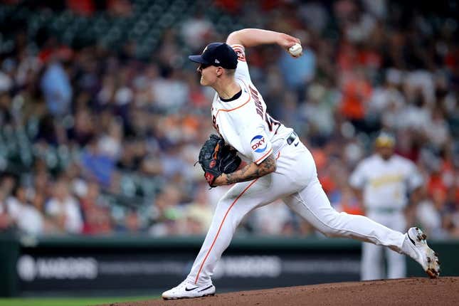 Sep 13, 2023; Houston, Texas, USA; Houston Astros starting pitcher Hunter Brown (58) delivers a pitch against the Oakland Athletics during the first inning at Minute Maid Park.