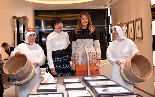 Melania Trump and Akie Abe visit the Mikimoto Pearl main store in the Ginza district of Tokyo, Nov. 5 2017.