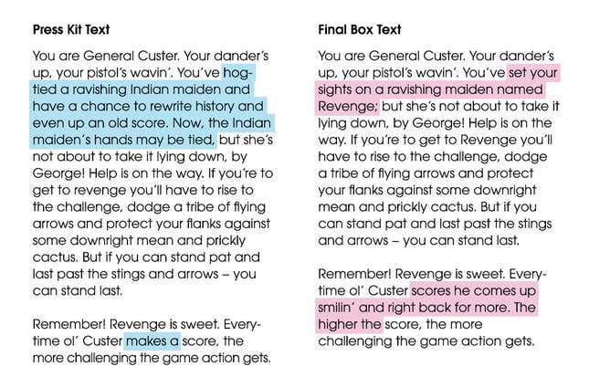 A comparison between the pre-release and retail Custer's Revenge box copy shows that AMI edited the latter in an apparent attempt to be less inflammatory.
