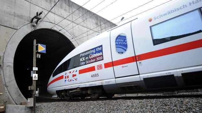 A high speed German train enters the Chunnel that links France to Britain.