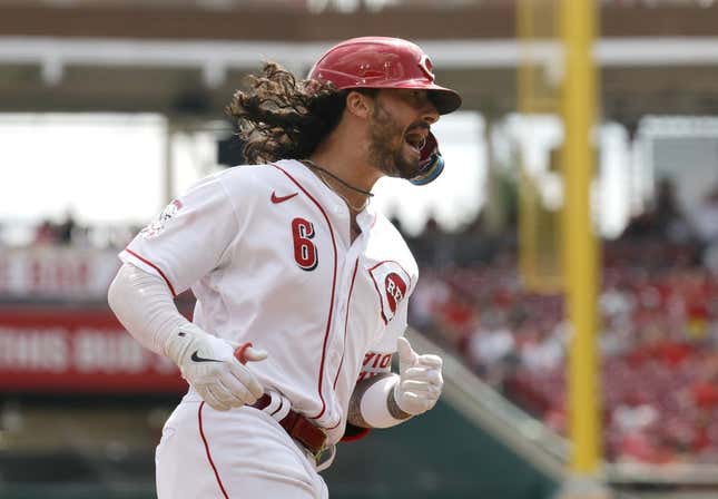 Sep 10, 2023; Cincinnati, Ohio, USA; Cincinnati Reds second baseman Jonathan India (6) reacts as he runs the bases after hitting a solo home run against the St. Louis Cardinals during the third inning at Great American Ball Park.