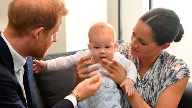 Prince Harry, Duke of Sussex and Meghan, Duchess of Sussex tend to their baby son Archie Mountbatten-Windsor at a meeting with Archbishop Desmond Tutu at the Desmond &amp; Leah Tutu Legacy Foundation on September 25, 2019 in Cape Town, South Africa.