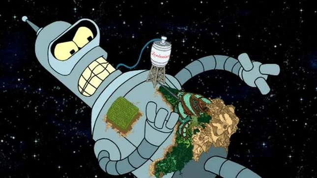 A screenshot shows Bender with tiny aliens on his body. 