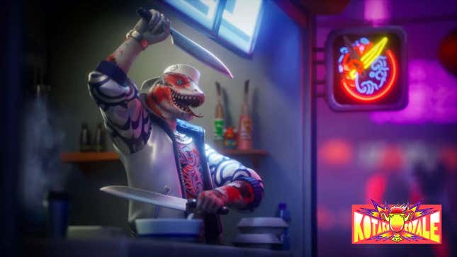 The character of Thunder, a lizard man, dual-wields knives while appearing to work in the kitchen of a seafood or sushi place, advertised by a nearby neon sign.