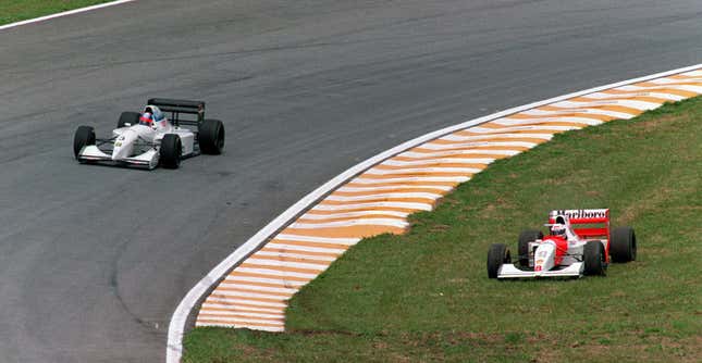 Martin Brundle takes a shortcut in his McLaren at the 1994 Brazilian Grand Prix.