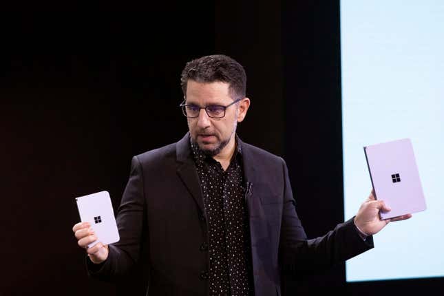 FILE - Microsoft&#39;s Chief Product Officer Panos Panay holds a Surface Duo, left, and Surface Neo at an event, Wednesday, Oct. 2, 2019, in New York. Panos Panay is stepping down after nearly 20 years at Microsoft, according to a staff memo Monday, Sept. 18, 2023. (AP Photo/Mark Lennihan, File)