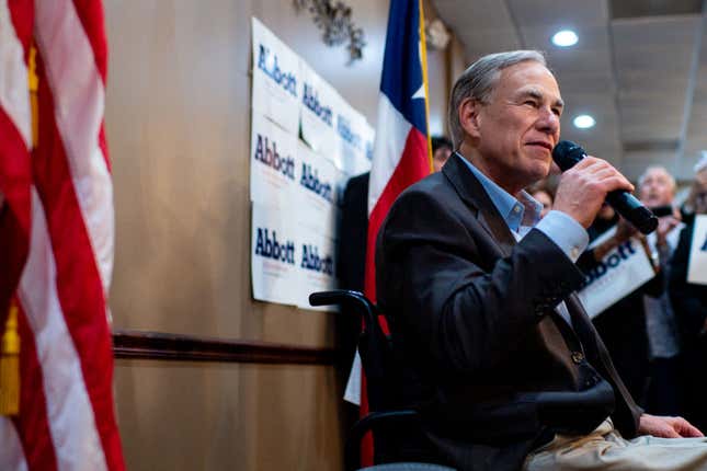 Texas Gov. Greg Abbott speaks during the ‘Get Out The Vote’ campaign event on February 23, 2022, in Houston, Texas.
