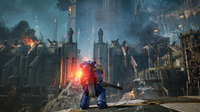 A large man in blue power armor stands in front of a massive space castle. 