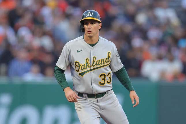 Jul 26, 2023; San Francisco, California, USA; Oakland Athletics left fielder JJ Bleday (33) during the game against the San Francisco Giants at Oracle Park.