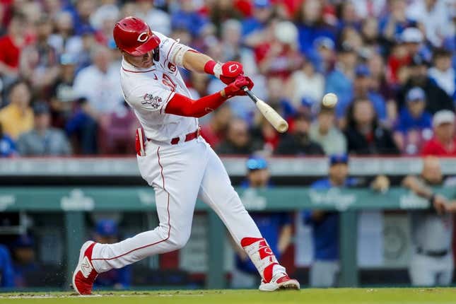 Apr 3, 2023; Cincinnati, Ohio, USA; Cincinnati Reds designated hitter Tyler Stephenson (37) hits a single against the Chicago Cubs in the first inning at Great American Ball Park.