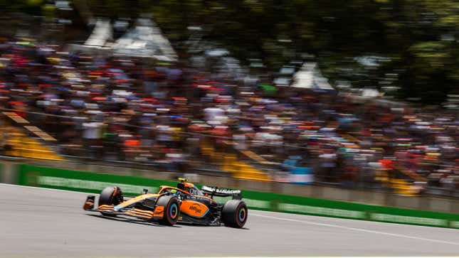 A photo of Lando Norris racing at the 2023 Brazilian Grand Prix. 
