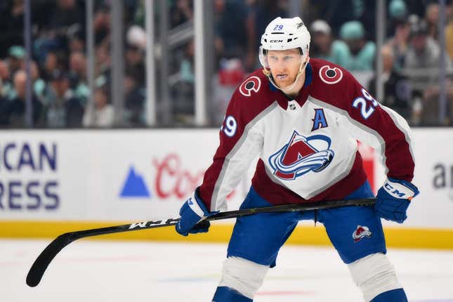Apr 28, 2023; Seattle, Washington, USA; Colorado Avalanche center Nathan MacKinnon (29) in game six of the first round of the 2023 Stanely Cup Playoffs at Climate Pledge Arena.