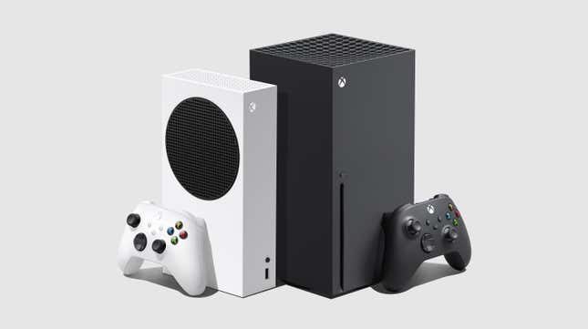 An Xbox Series X and S stand side-by-side. 