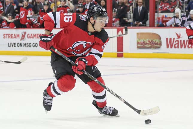 Apr 6, 2023; Newark, New Jersey, USA; New Jersey Devils right wing Timo Meier (96) skates with the puck during the third period against the Columbus Blue Jackets at Prudential Center.